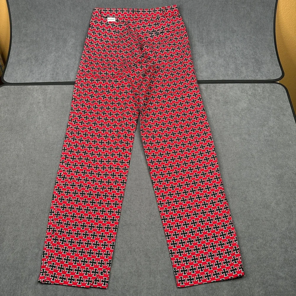 Vintage Lifes A Beach Iron Cross Print Pants Red Black Surf Streetwear 31x34